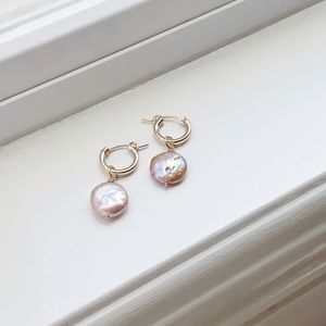 14k gold filled huggie hoops with mauve coin pearl